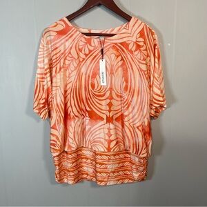 Chico’s Size 3 (XL) Orange Cream Abstract Print Flowy Blouse NWT Plus Office